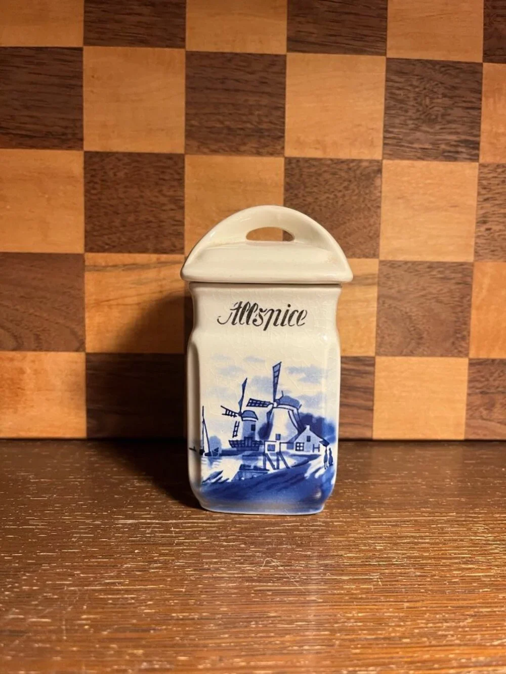 Delft Blue and White Windmill Ceramic Allspice Spice Canister A535